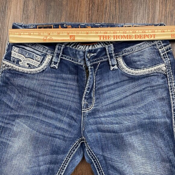 Rock Revival Easy Boot Cut Jeans Women 30 Blue Dark Wash Rhinestone Sequin - Picture 10 of 14